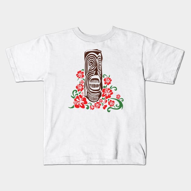 Tiki Totem with Hibiscus Flowers Kids T-Shirt by Killer Rabbit Designs